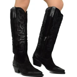 Stivali Donna Texani Ricamati Neri in Pelle Scamosciata con Zip