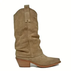 Stivali Texani Donna con Ghetta in Pelle Scamosciata Tortora