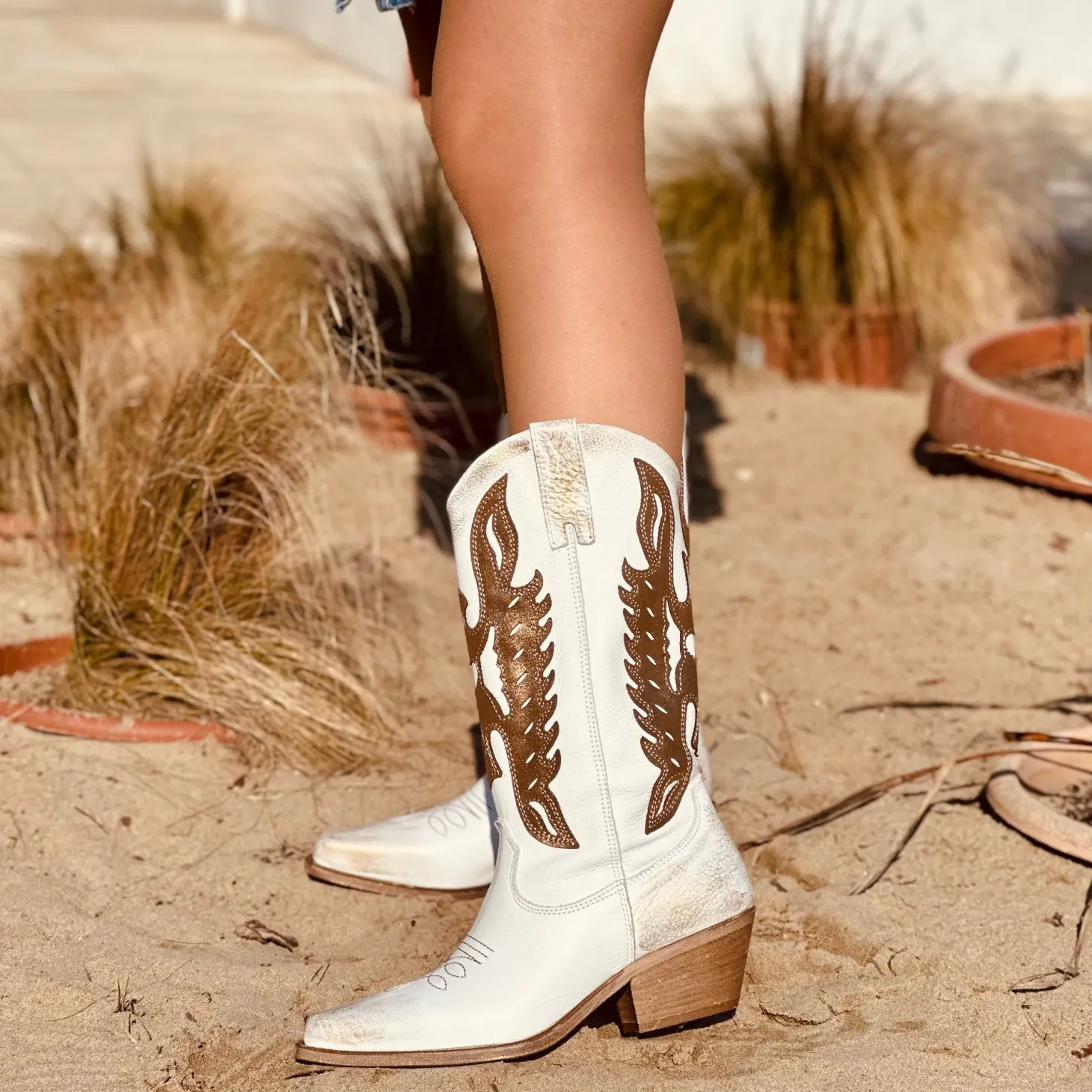Stivali Texani Donna con Zip in Pelle Sfumata Bianca e Dorata