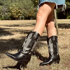 Stivali Texani Donna Neri in Pelle Sfumata e Argentata con Zip