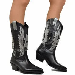 Stivali Texani Donna Neri in Pelle Sfumata e Argentata con Zip