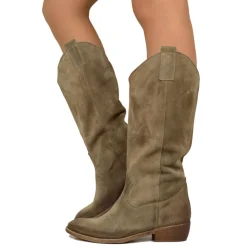 Stivali Texani Donna Scamosciati Taupe con Tacco Basso