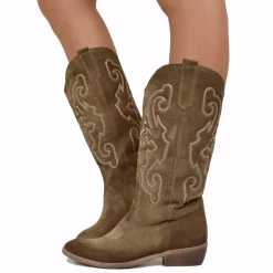Stivali Texani in Camoscio Trapuntati Tacco 4 cm Taupe
