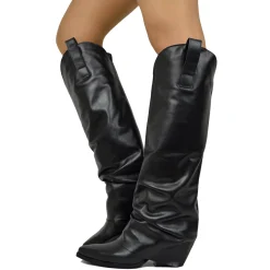 Stivali Texani Neri con Ghetta in Pelle Liscia Made in Italy
