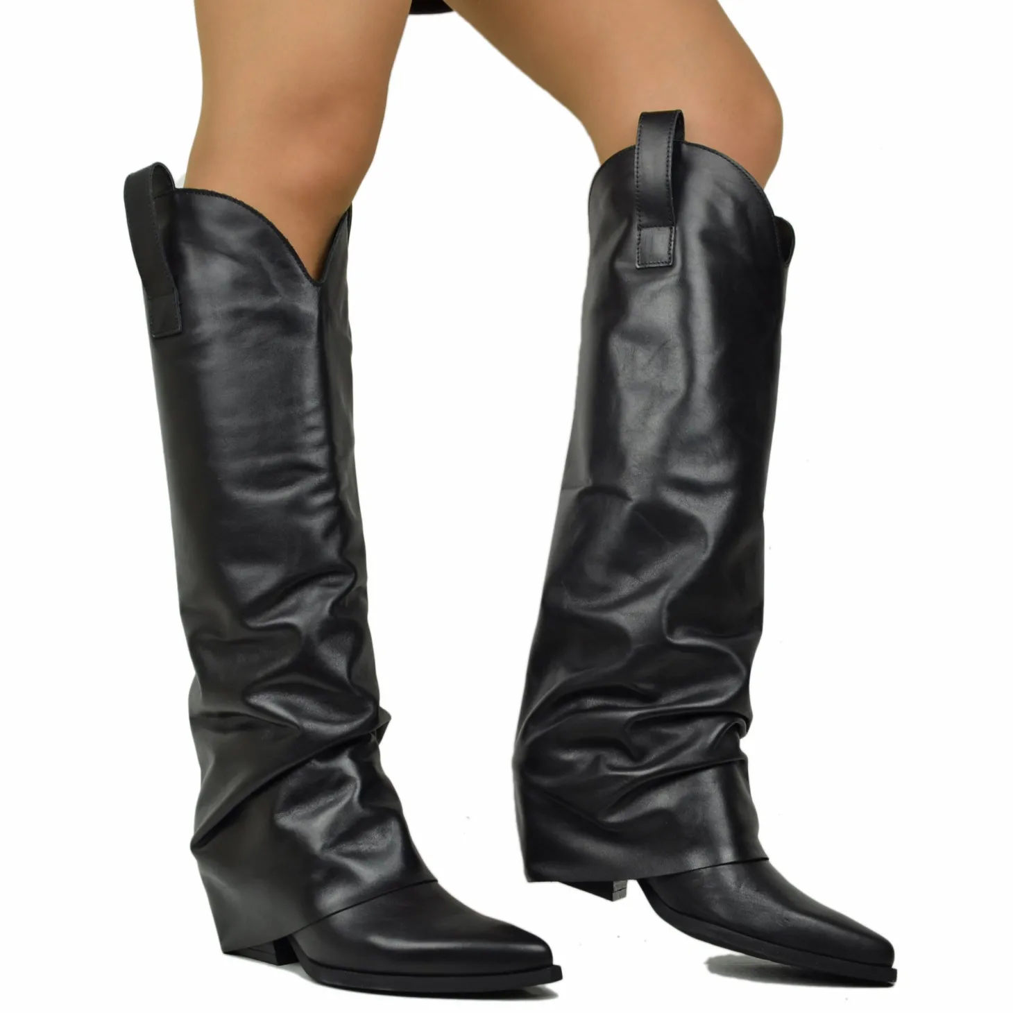 Stivali Texani Neri con Ghetta in Pelle Liscia Made in Italy