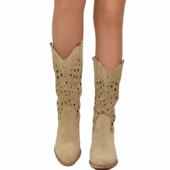 Stivali Texani Traforati in Pelle Scamosciata Beige Made in Italy