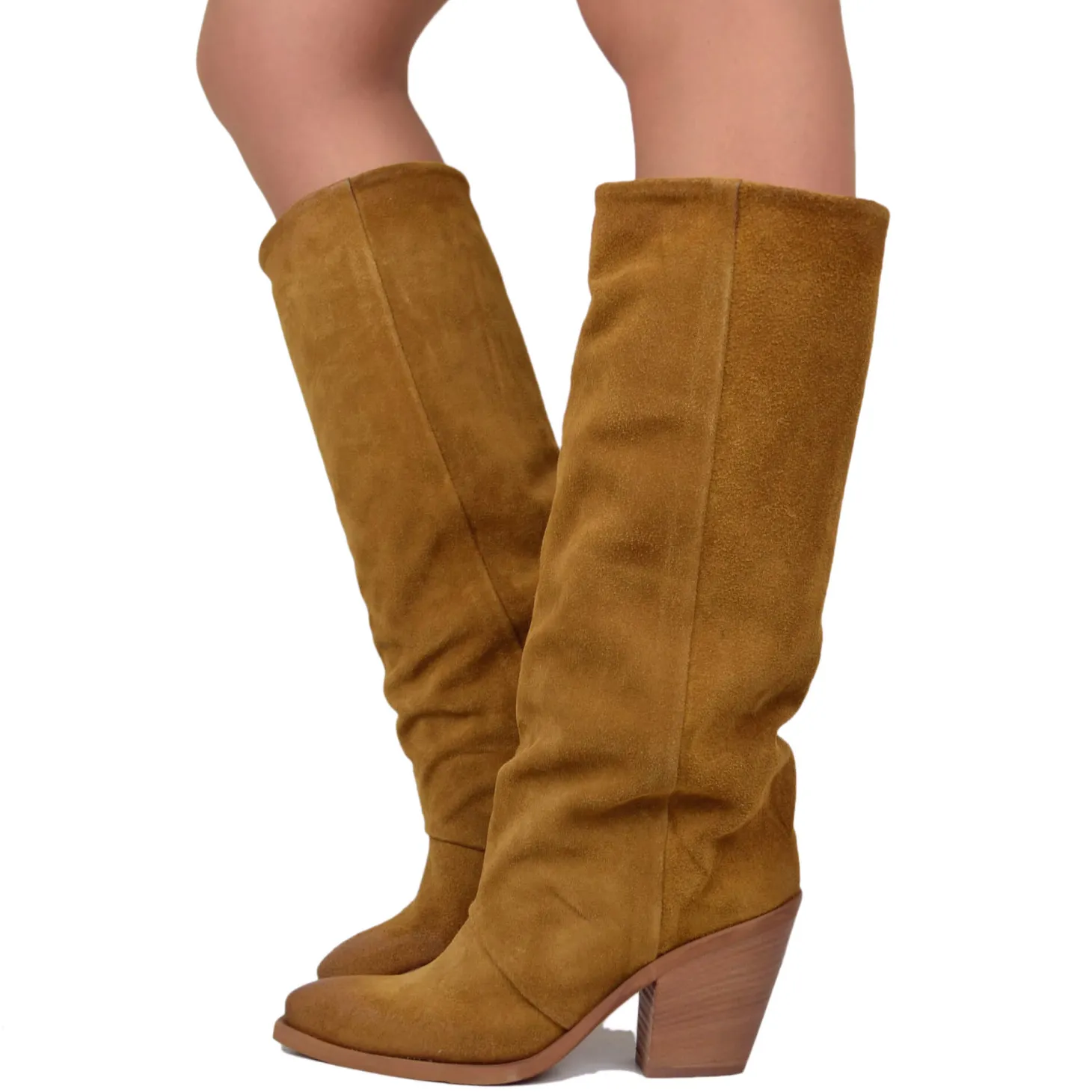 Suede Gaiter Texan Boots with Leather Heel