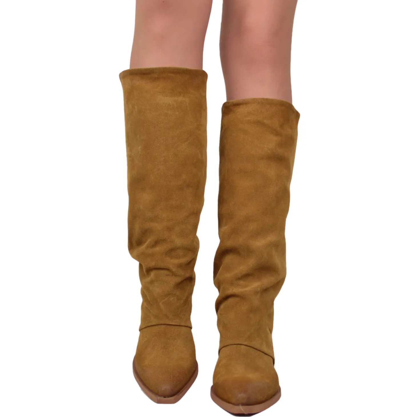 Suede Gaiter Texan Boots with Leather Heel