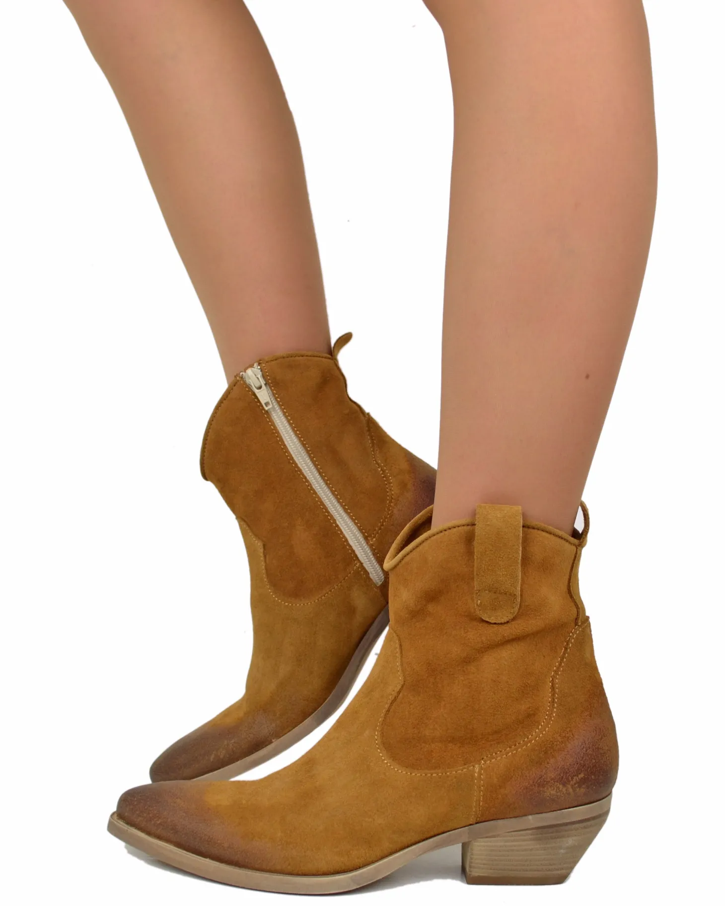 Suede Leather Texan Boots – Cognac, 5 cm Heel & Zip