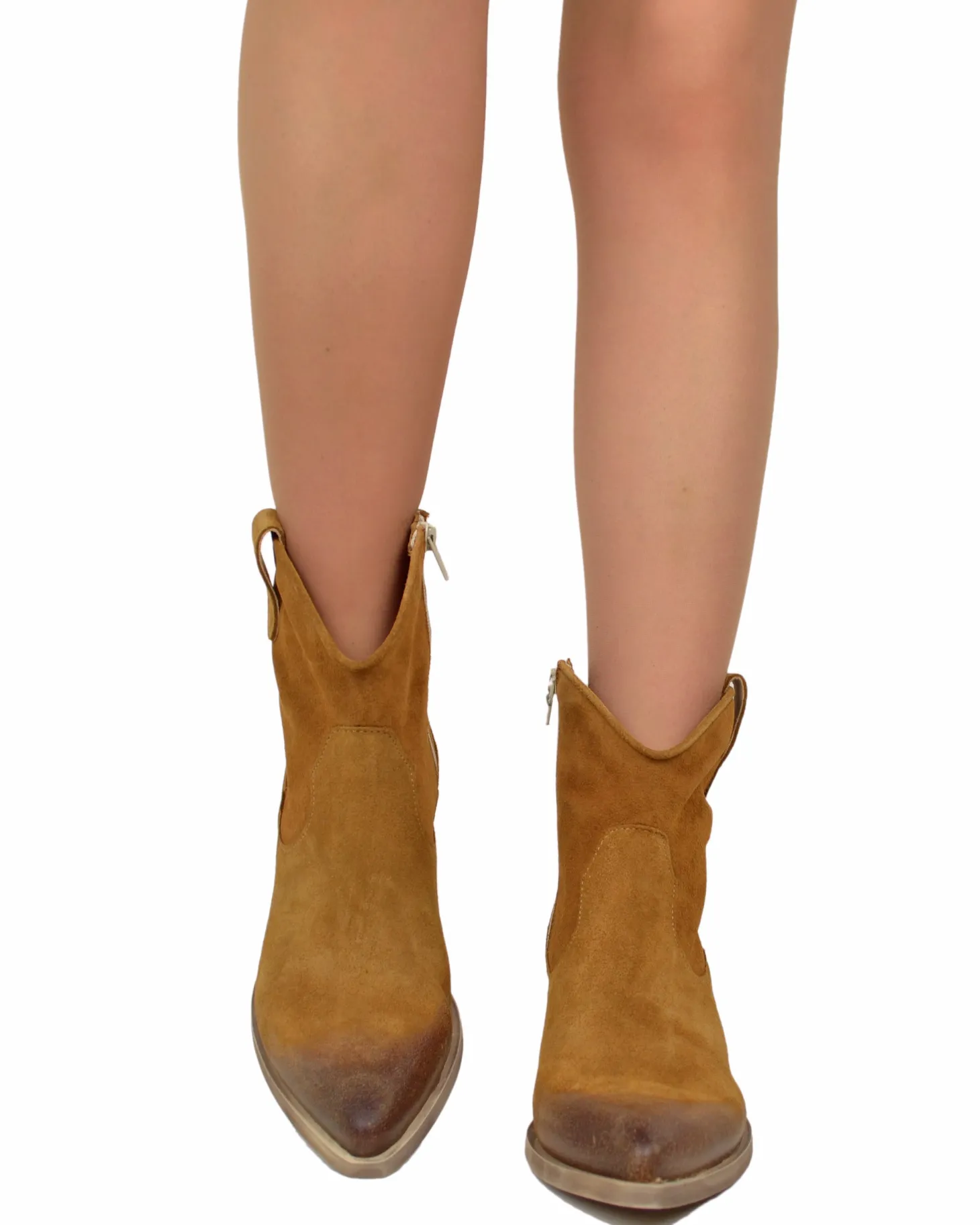 Suede Leather Texan Boots – Cognac, 5 cm Heel & Zip