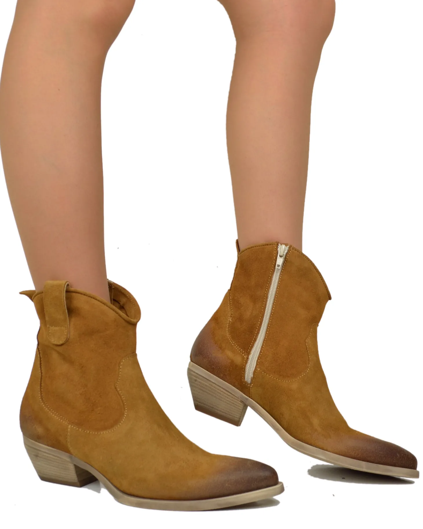 Suede Leather Texan Boots – Cognac, 5 cm Heel & Zip