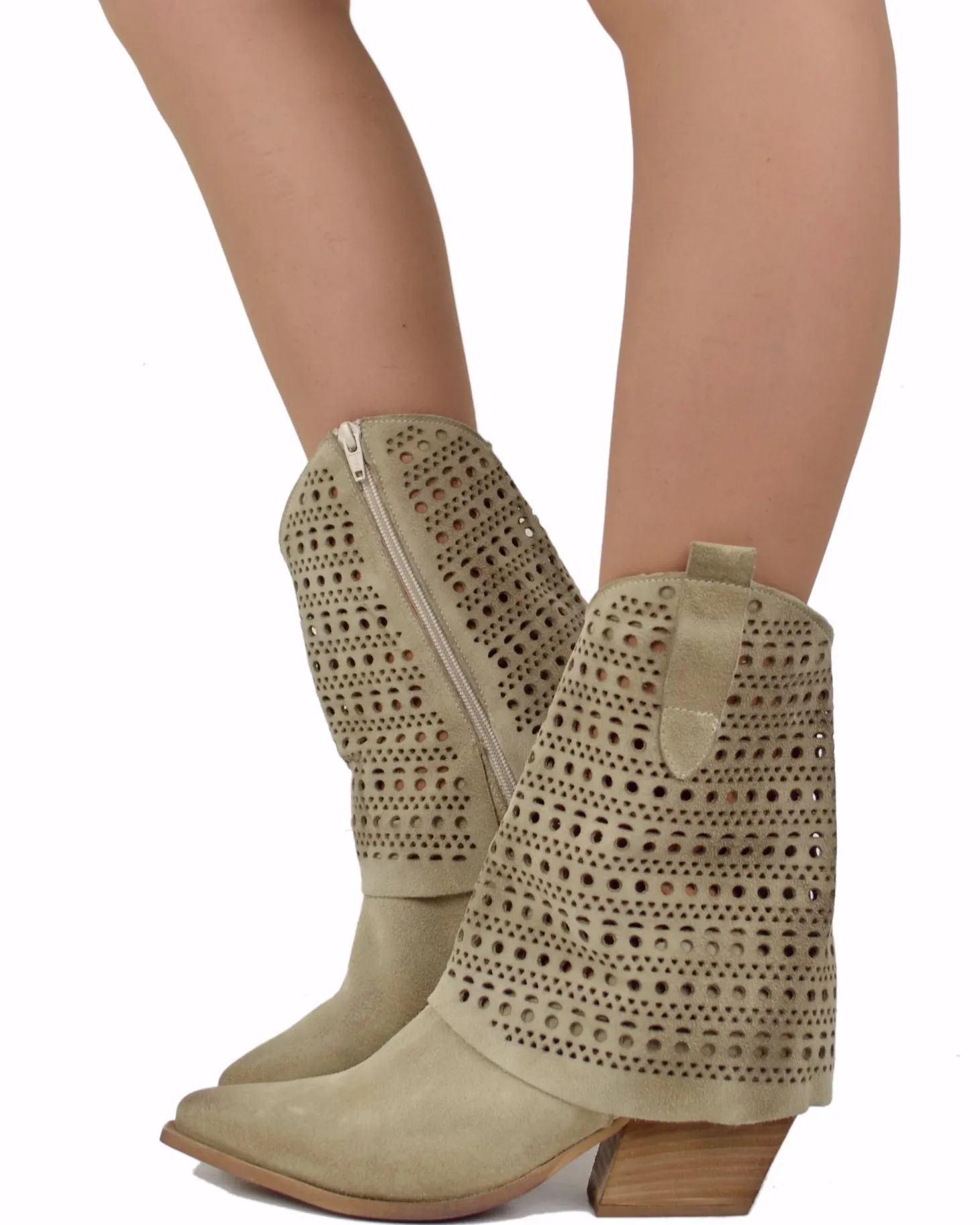 Suede Perforated Cowboy Boots – 6 cm Heel, Summer Edition – Beige