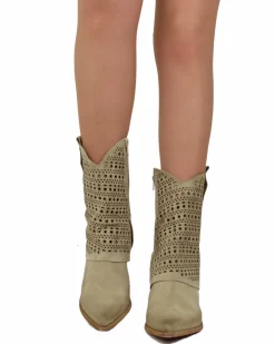 Suede Perforated Cowboy Boots – 6 cm Heel, Summer Edition – Beige