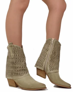 Suede Perforated Cowboy Boots – 6 cm Heel, Summer Edition – Beige
