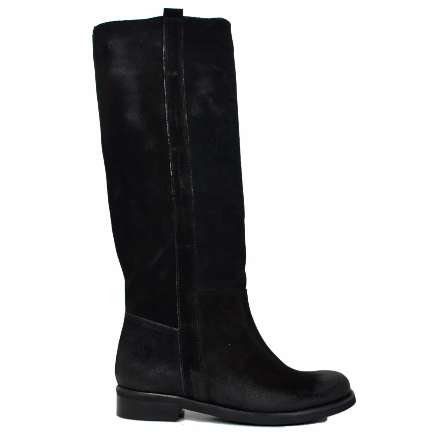 Suede Riding Boots with Low Heel and Tall Shaft – Black