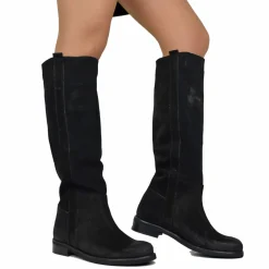 Suede Riding Boots with Low Heel and Tall Shaft – Black