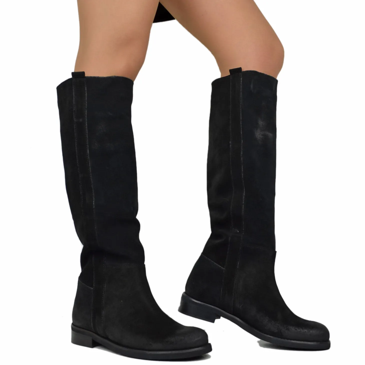 Suede Riding Boots with Low Heel and Tall Shaft – Black
