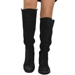 Suede Riding Boots with Low Heel and Tall Shaft – Black