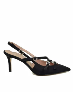 Suede Slingback Sandals – Silver Buckles, 7 cm Heel – Black