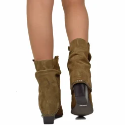 Suede Studded Ankle Texan Boots with Gaiter Made in Italy Taupe