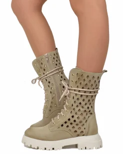Summer Lace-Up Boots 10 Eyelets Biker Boots Suede Diamond-Perforated B