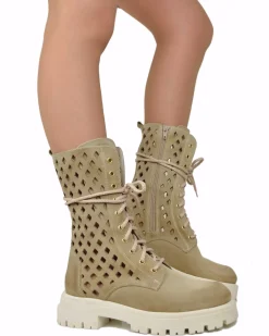 Summer Lace-Up Boots 10 Eyelets Biker Boots Suede Diamond-Perforated B