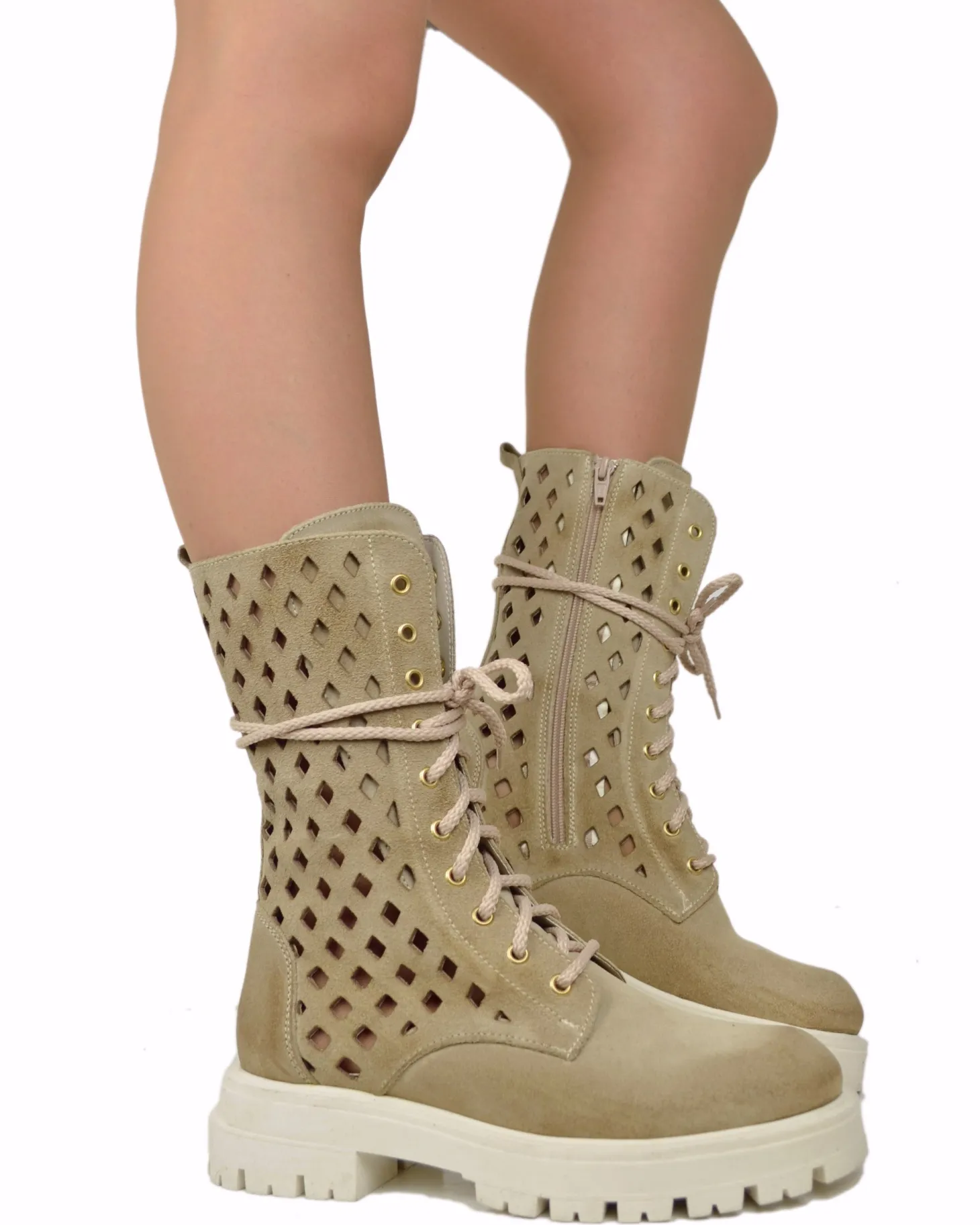 Summer Lace-Up Boots 10 Eyelets Biker Boots Suede Diamond-Perforated B