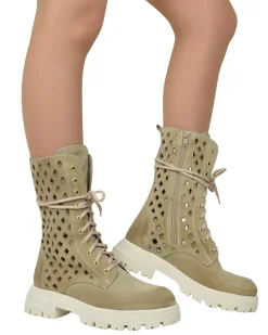Summer Lace-Up Boots 10 Eyelets Biker Boots Suede Diamond-Perforated B