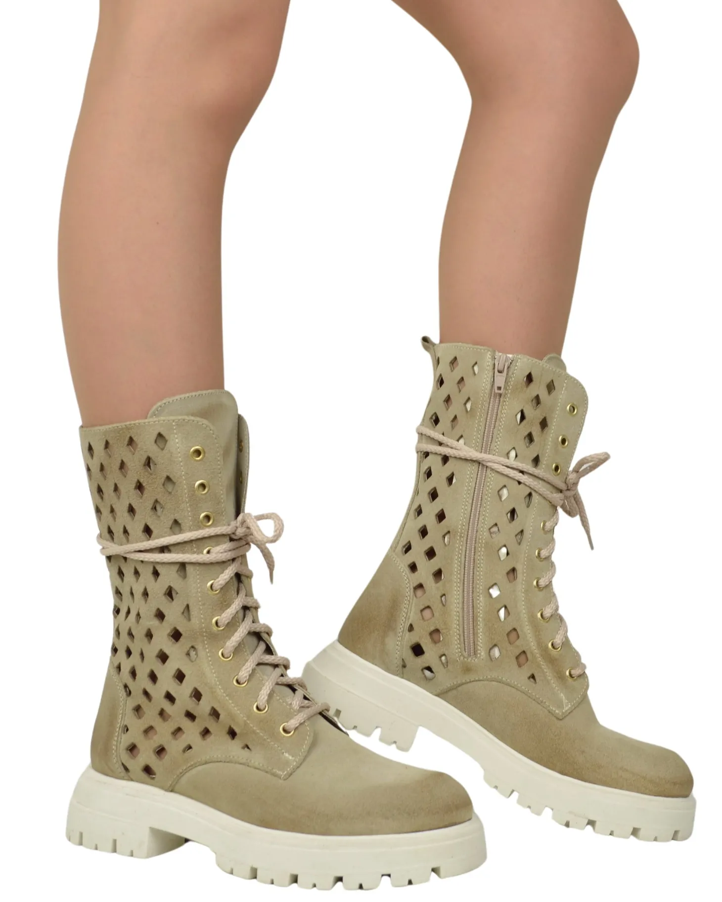 Summer Lace-Up Boots 10 Eyelets Biker Boots Suede Diamond-Perforated B
