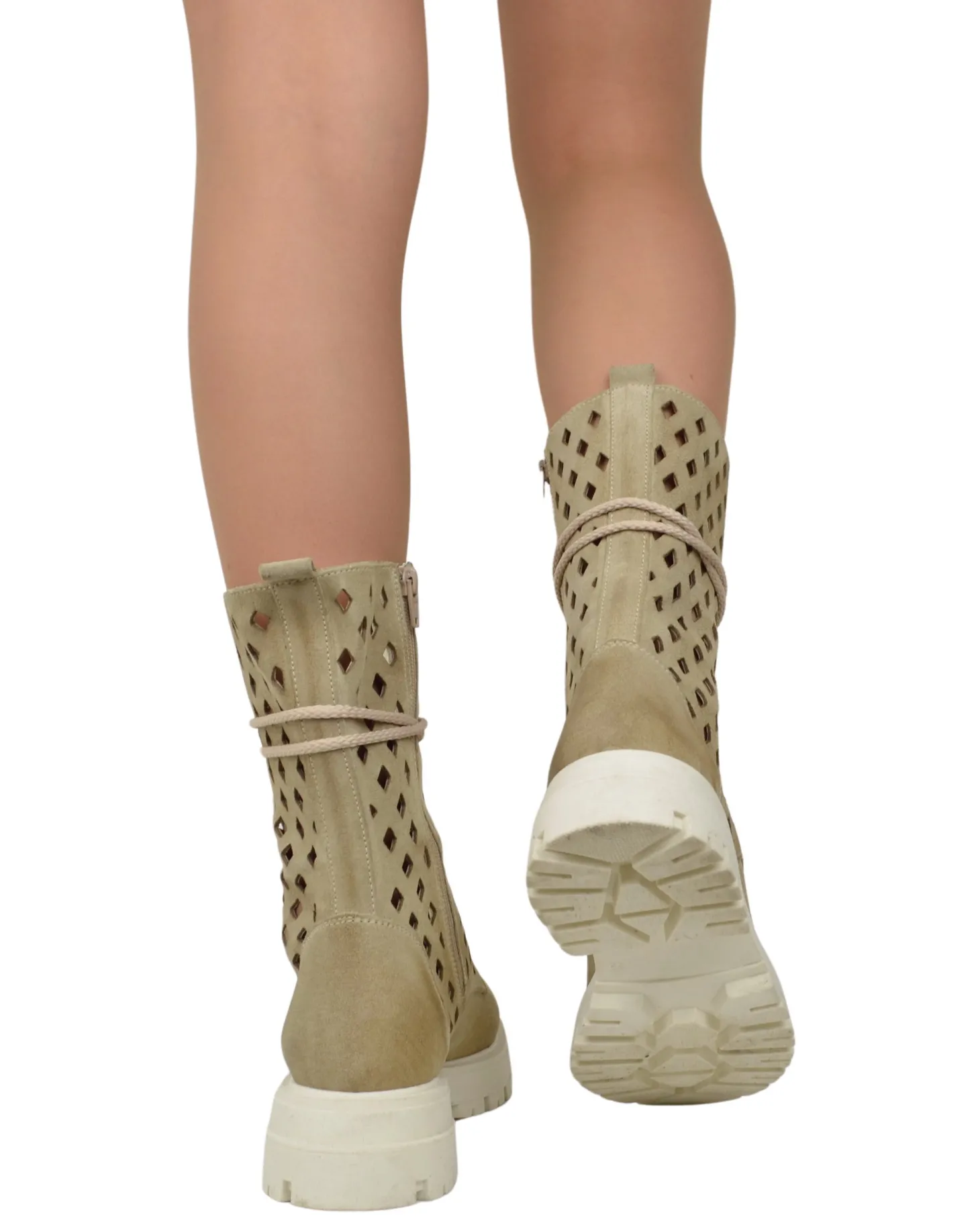 Summer Lace-Up Boots 10 Eyelets Biker Boots Suede Diamond-Perforated B