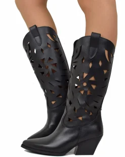Summer Western Boots with Floral Cutouts, 7 cm Heel, Genuine Leather B