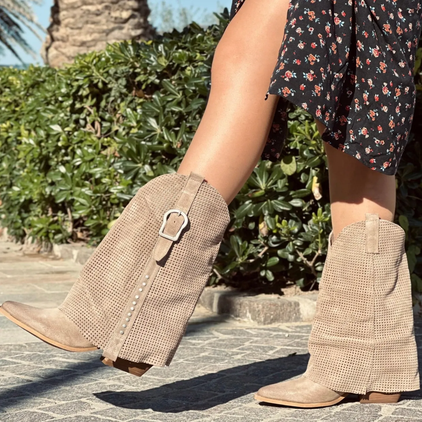 Summer Western Boots with Perforated Gaiter, Wide Shaft, and Suede Lea