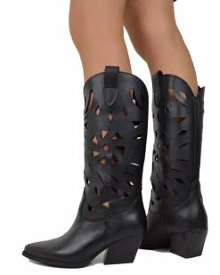 Summer Western Boots with Floral Cutouts, 7 cm Heel, Genuine Leather B