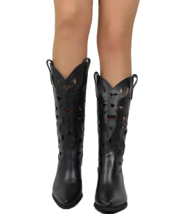 Summer Western Boots with Floral Cutouts, 7 cm Heel, Genuine Leather B