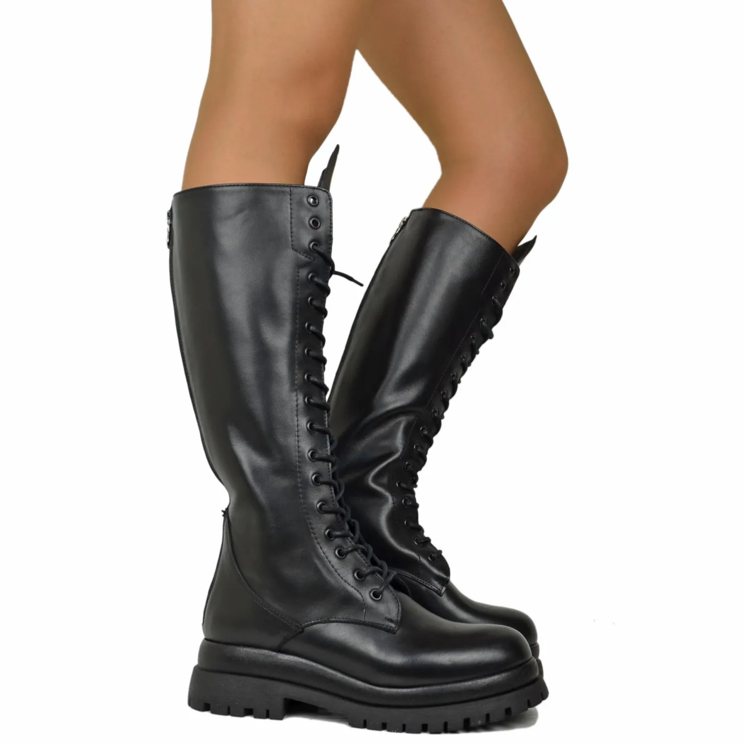 Super High Lace-Up Amphibians with Back Zip GENUINE LEATHER 17 Eyelets