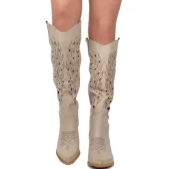 Tall Perforated Texan Boots – Printed Design, 7 cm Block Heel, Taupe