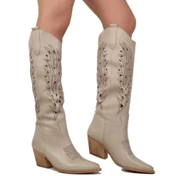 Tall Perforated Texan Boots – Printed Design, 7 cm Block Heel, Taupe