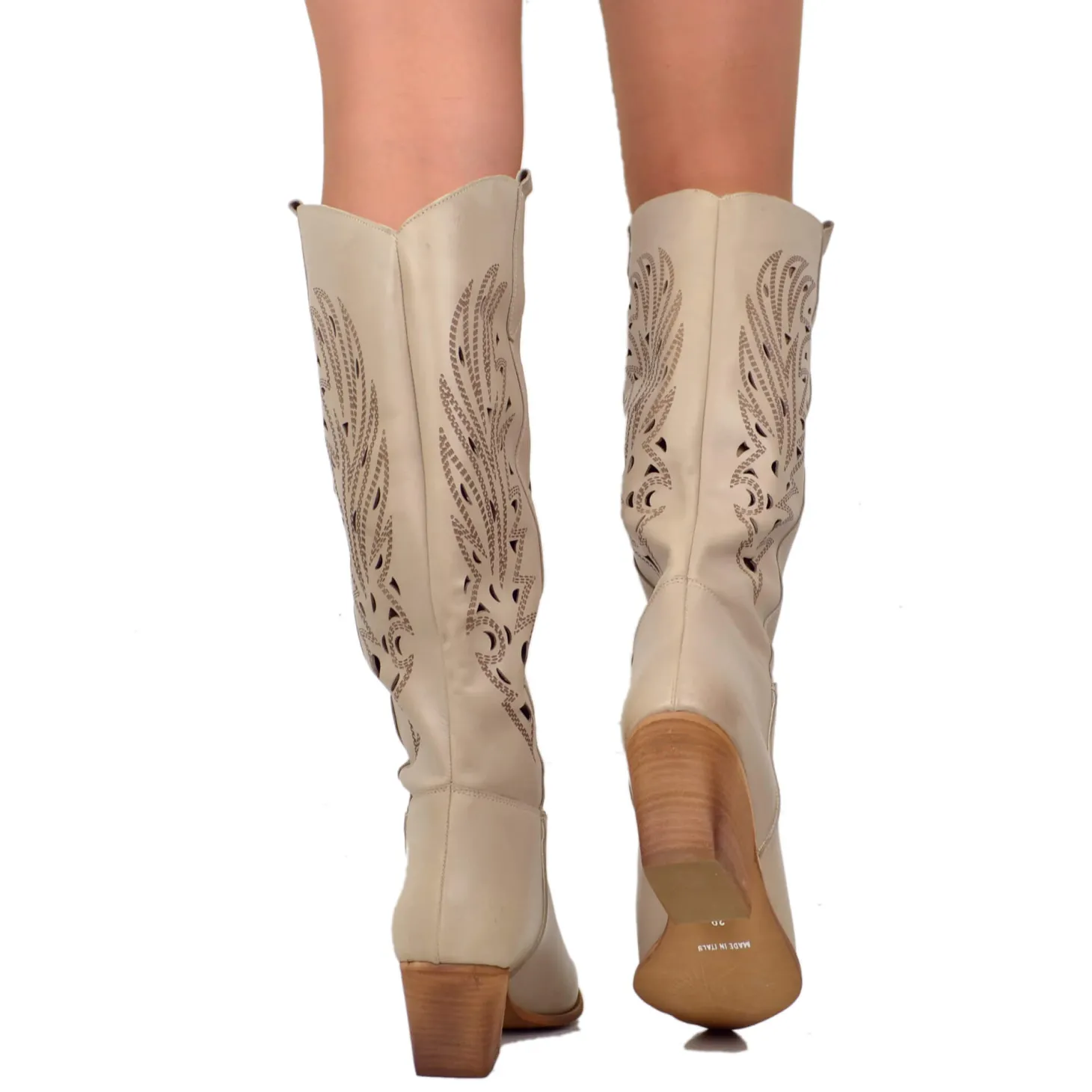 Tall Perforated Texan Boots – Printed Design, 7 cm Block Heel, Taupe