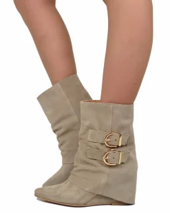 Taupe Suede Ankle Boots with Wedge Heel and Pointed Toe, 7 cm