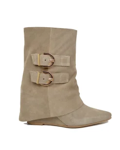 Taupe Suede Ankle Boots with Wedge Heel and Pointed Toe, 7 cm