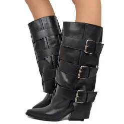 Texani Alti con Ghetta Tre Fibbie Vera Pelle Neri Tacco 6 Cm
