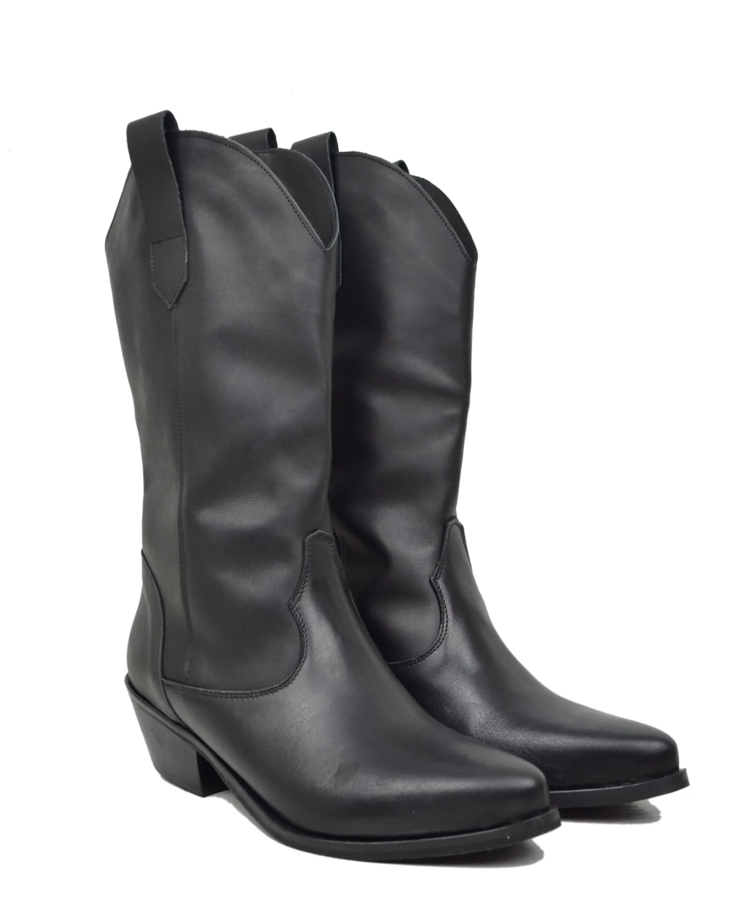Texani total Black Lisci Tacco Basso 4 cm Classici Neri Vera Pelle Mad
