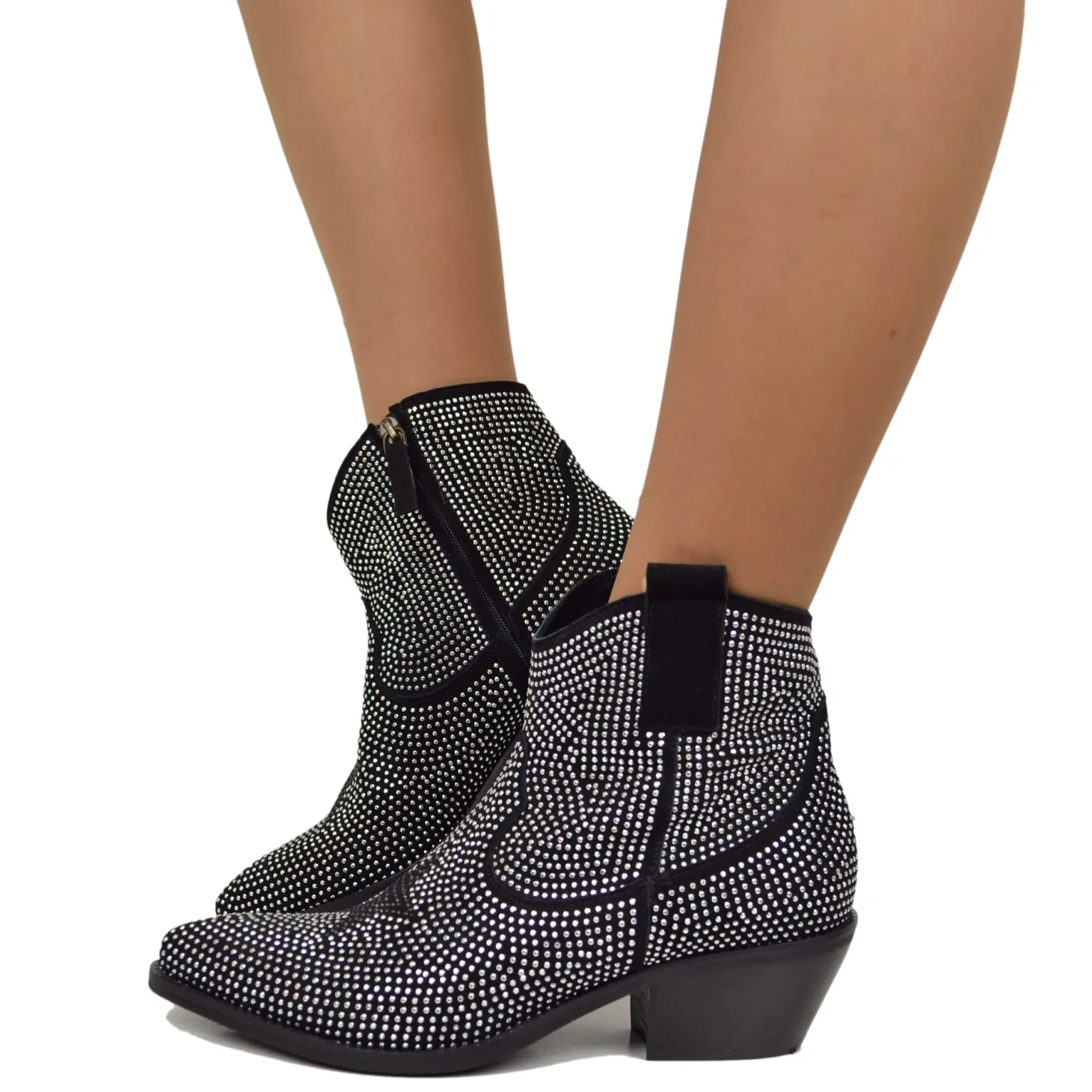 Texanini Tempestati di Strass con Stella Zip Laterale Neri