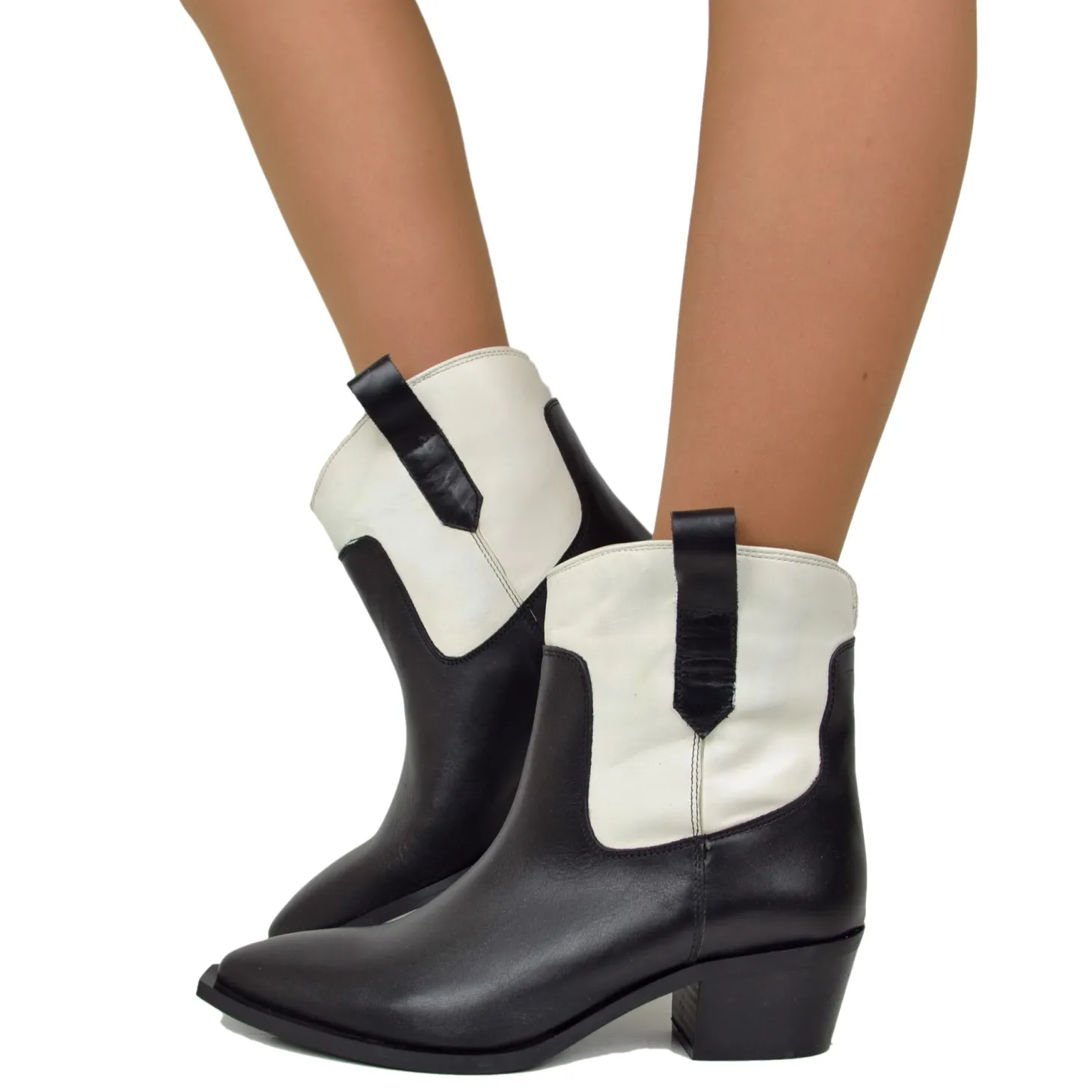 Two-Tone Cowboy Boots Black and Off-White, Ankle Boots