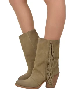 Western Boots with Fringes Suede High Heel 9 cm Taupe