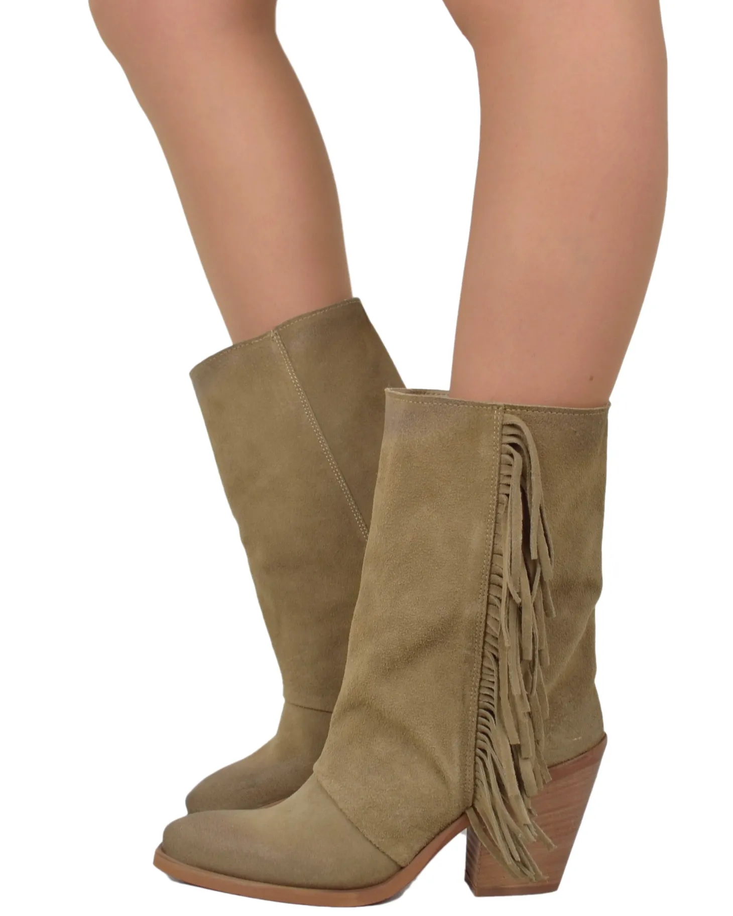 Western Boots with Fringes Suede High Heel 9 cm Taupe