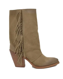 Western Boots with Fringes Suede High Heel 9 cm Taupe