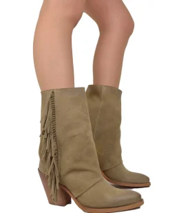Western Boots with Fringes Suede High Heel 9 cm Taupe