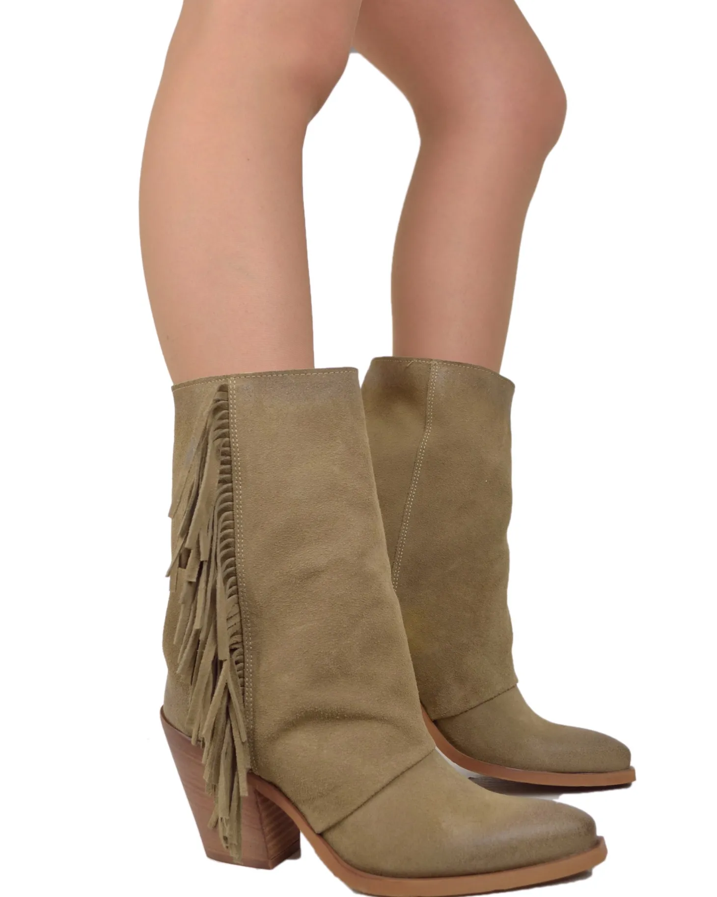 Western Boots with Fringes Suede High Heel 9 cm Taupe