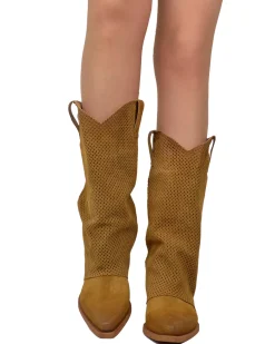 Western Boots with Perforated Gaiter, Low Heel, and Dove Gray Suede